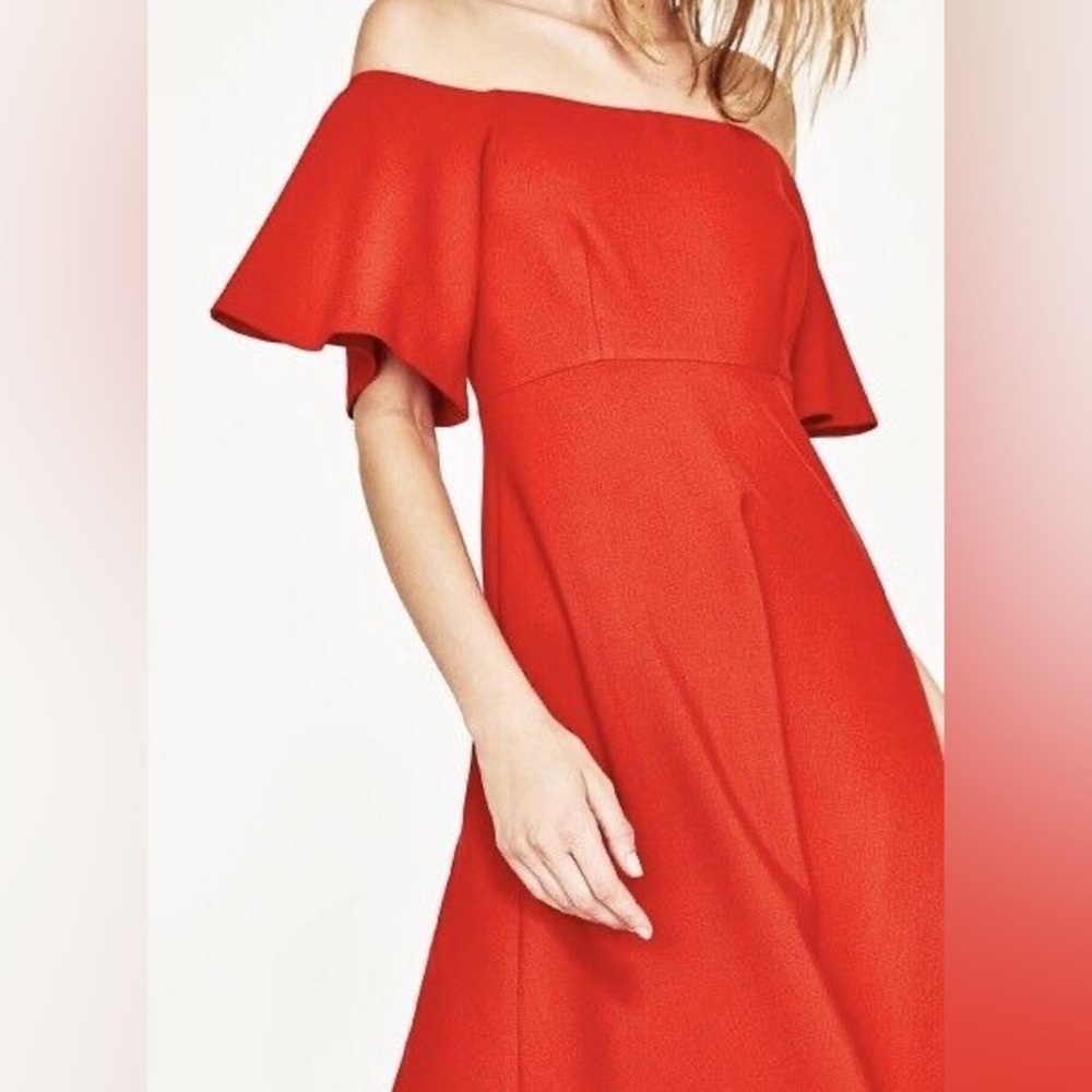 Zara Red-Orange off the shoulder knee-length dress 🧡